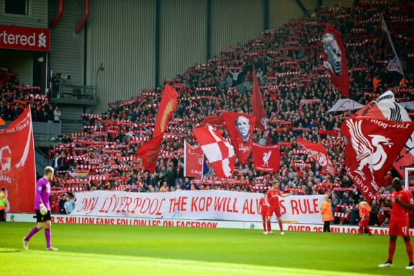 LIVERPOOL, ENGLAND - Sunday, March 22, 2015: Liverpool's supporters on the Spion Kop with a banner 'My Liverpool The Kop Will Always Rule' before the Premier League match against Manchester United at Anfield. (Pic by David Rawcliffe/Propaganda)