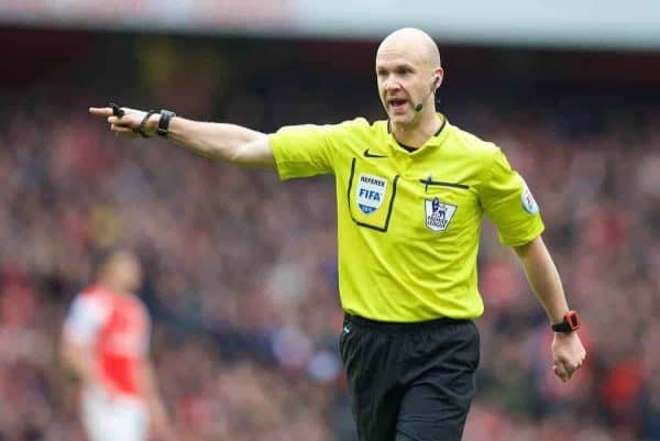 LONDON, ENGLAND - Saturday, April 4, 2015: Referee Anthony Taylor awards Liverpool a penalty against Arsenal during the Premier League match at the Emirates Stadium. (Pic by David Rawcliffe/Propaganda)