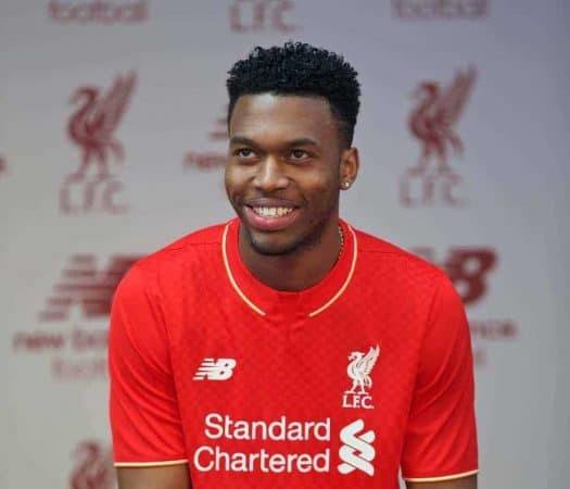 LIVERPOOL, ENGLAND - Friday, April 10, 2015: Liverpool's Daniel Sturridge during the launch for the New Balance 2015/16 home kit at Anfield. (Pic by David Rawcliffe/Propaganda)