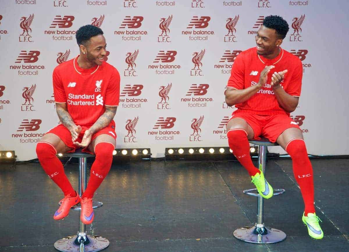 LIVERPOOL, ENGLAND - Friday, April 10, 2015: Liverpool's Raheem Sterling and Daniel Sturridge during the launch for the New Balance 2015/16 home kit at Anfield. (Pic by Paul Currie/Propaganda)