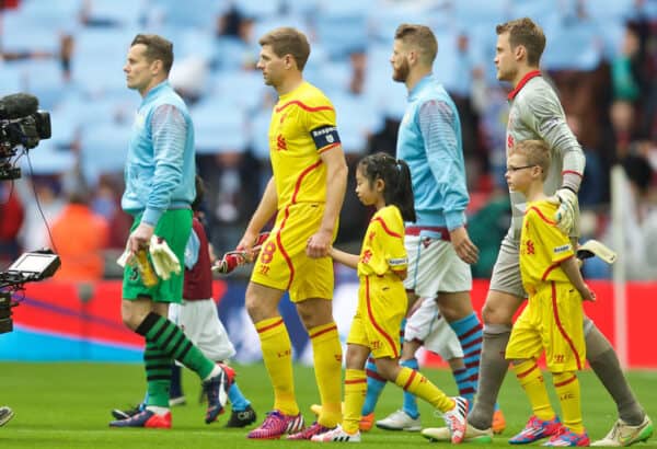 LONDON, ENGLAND - Sunday, April 19, 2015: Liverpool's captain Steven Gerrard leads his side out to face Aston Villa during the FA Cup Semi-Final match at Wembley Stadium. (Pic by David Rawcliffe/Propaganda)