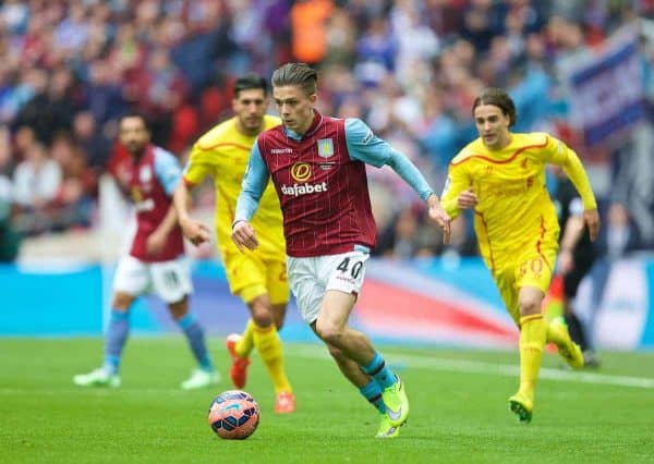 Aston Villa's Jack Grealish in action against Liverpool during the FA Cup Semi-Final match at Wembley Stadium. (Pic by David Rawcliffe/Propaganda)