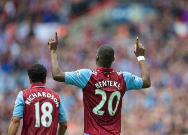 LONDON, ENGLAND - Sunday, April 19, 2015: Aston Villa's Christian Benteke celebrates scoring the first equalising goal against Liverpool during the FA Cup Semi-Final match at Wembley Stadium. (Pic by David Rawcliffe/Propaganda)