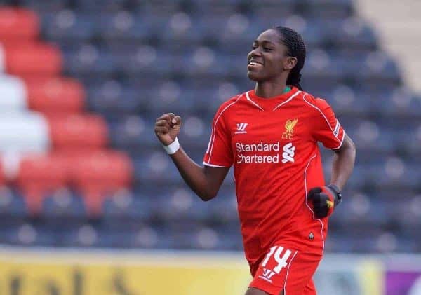 WIDNES, ENGLAND - Sunday, April 26, 2015: Liverpool Ladies' Asisat Oshoala celebrates the second goal against Manchester City during the FA Women's Super League match at the Halton Stadium. (Pic by David Rawcliffe/Propaganda)