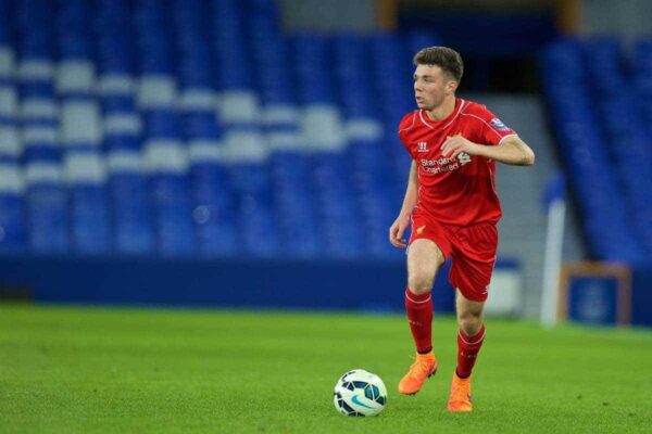 LIVERPOOL, ENGLAND - Thursday, April 30, 2015: Liverpool's Joe Maguire in action against Everton during the Under 21 FA Premier League match at Goodison Park. (Pic by David Rawcliffe/Propaganda)