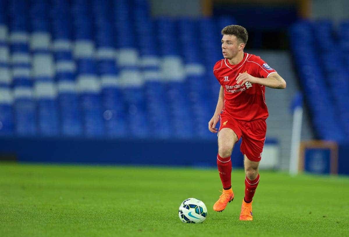 LIVERPOOL, ENGLAND - Thursday, April 30, 2015: Liverpool's Joe Maguire in action against Everton during the Under 21 FA Premier League match at Goodison Park. (Pic by David Rawcliffe/Propaganda)