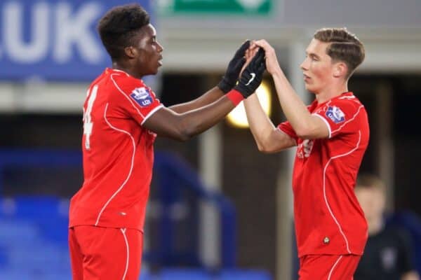 LIVERPOOL, ENGLAND - Thursday, April 30, 2015: Liverpool's Sheyi Ojo celebrates scoring the third goal against Everton with team-mate Harry Wilson during the Under 21 FA Premier League match at Goodison Park. (Pic by David Rawcliffe/Propaganda)
