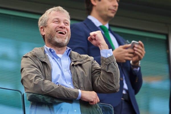 LONDON, ENGLAND - Sunday, May 3, 2015: Chelsea's owner Roman Abramovich celebrates winning the Premier League title after a 1-0 victory over Crystal Palace during the Premier League match at Stamford Bridge. (Pic by David Rawcliffe/Propaganda)