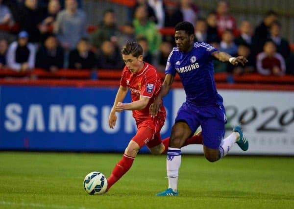 ALDERSHOT, ENGLAND - Thursday, May 7, 2015: Liverpool's Harry Wilson is brought dow by Chelsea's Ola Aina but no penalty was awarded during the Under 21 FA Premier League match at the Recreation Ground. (Pic by David Rawcliffe/Propaganda)