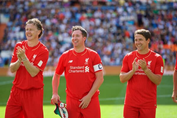 MADRIS, SPAIN - Sunday, June 14, 2015: Liverpool's Steve McManaman, captain Robbie Fowler and Michael Owen line-up before the Corazon Classic Legends Friendly match against Real Madrid at the Estadio Santiago Bernabeu. (Pic by David Rawcliffe/Propaganda)