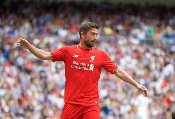 MADRIS, SPAIN - Sunday, June 14, 2015: Liverpool's Harry Kewell celebrates scoring the first goal against Real Madrid during the Corazon Classic Legends Friendly match at the Estadio Santiago Bernabeu. (Pic by David Rawcliffe/Propaganda)