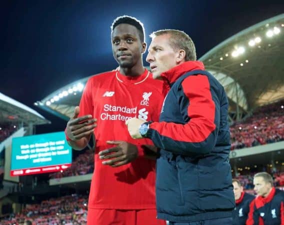 ADELAIDE, AUSTRALIA - Monday, July 20, 2015: Liverpool's manager Brendan Rodgers gives last minute instructions to Divock Origi before a preseason friendly match against Adelaide United at the Adelaide Oval on day eight of the club's preseason tour. (Pic by David Rawcliffe/Propaganda)