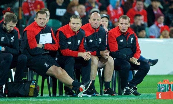 ADELAIDE, AUSTRALIA - Monday, July 20, 2015: Liverpool's manager Brendan Rodgers with his staff goalkeeping coach John Achterberg, first-team development coach Pepijn Lijnders and first team coach Gary McAllister during a preseason friendly match against Adelaide United at the Adelaide Oval on day eight of the club's preseason tour. (Pic by David Rawcliffe/Propaganda)