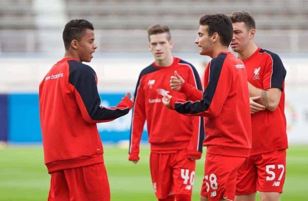 HELSINKI, FINLAND - Friday, July 31, 2015: Liverpool's Allan Rodrigues de Sousa and Pedro Chirivella warm-up before a friendly match against HJK Helsinki at the Olympic Stadium. (Pic by David Rawcliffe/Propaganda)