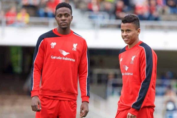 HELSINKI, FINLAND - Friday, July 31, 2015: Liverpool's new faces Allan Rodrigues de Sousa and Divock Origi warm up before a friendly match against HJK Helsinki at the Olympic Stadium. (Pic by David Rawcliffe/Propaganda)