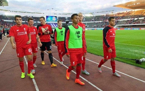 HELSINKI, FINLAND - Friday, July 31, 2015: Liverpool's Pedro Chirivella, Joe Maguire, Ryan Kent, Allan Rodrigues de Sousa, Martin Skrtel and Philippe Coutinho Correia after a friendly match against HJK Helsinki at the Olympic Stadium. (Pic by David Rawcliffe/Propaganda)