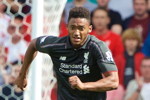 STOKE-ON-TRENT, ENGLAND - Sunday, August 9, 2015: Liverpool's Joe Gomez in action against Stoke City during the Premier League match at the Britannia Stadium. (Pic by David Rawcliffe/Propaganda)