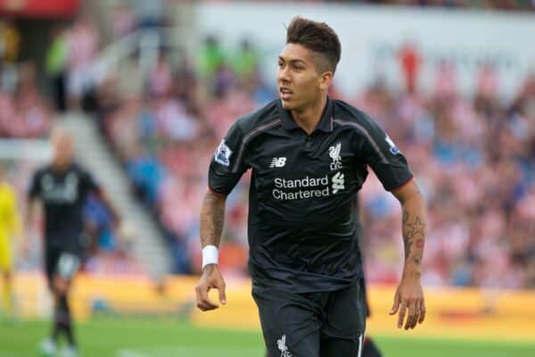 STOKE-ON-TRENT, ENGLAND - Sunday, August 9, 2015: Liverpool's Roberto Firmino in action on his debut against Stoke City during the Premier League match at the Britannia Stadium. (Pic by David Rawcliffe/Propaganda)