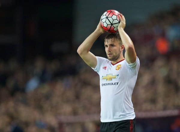 BIRMINGHAM, ENGLAND - Friday, August 14, 2015: Manchester United's Luke Shaw in action against Aston Villa during the Premier League match at Villa Park. (Pic by David Rawcliffe/Propaganda)