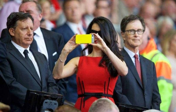 LIVERPOOL, ENGLAND - Monday, August 17, 2015: Linda Pizzuti, wife of Liverpool FC owner John W. Henry, takes a photo on her Apple iPhone before the Premier League match against AFC Bournemouth at Anfield. (Pic by David Rawcliffe/Propaganda)