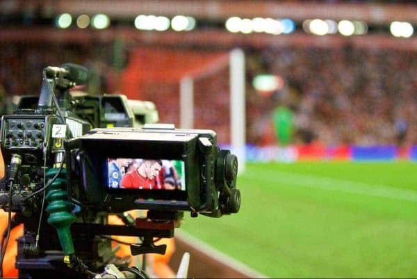 LIVERPOOL, ENGLAND - Monday, August 17, 2015: A television camera during the Premier League match between Liverpool and AFC Bournemouth at Anfield. (Pic by David Rawcliffe/Propaganda)