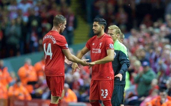 LIVERPOOL, ENGLAND - Monday, August 17, 2015: Liverpool's captain Jordan Henderson is substituted for Emre Can during the Premier League match against AFC Bournemouth at Anfield. (Pic by David Rawcliffe/Propaganda)