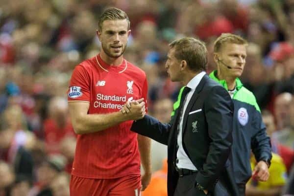 LIVERPOOL, ENGLAND - Monday, August 17, 2015: Liverpool's captain Jordan Henderson is substituted by manager Brendan Rodgers during the Premier League match against AFC Bournemouth at Anfield. (Pic by David Rawcliffe/Propaganda)