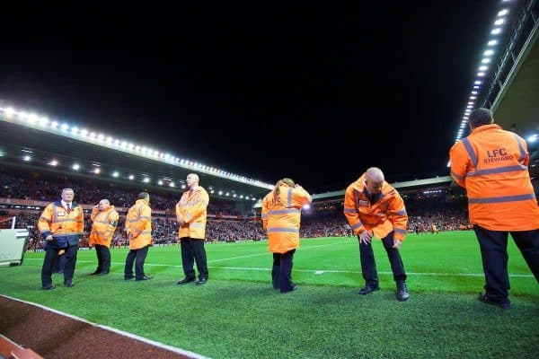 LIVERPOOL, ENGLAND - Monday, August 17, 2015: Liverpool stewards block the photographer's view of the pitch after the Premier League match against AFC Bournemouth at Anfield. (Pic by David Rawcliffe/Propaganda)