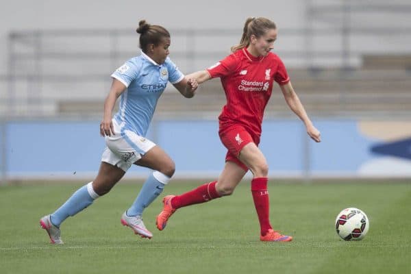 MANCHESTER, ENGLAND - Sunday, August 30, 2015: Manchester City's Nikita Parris and Liverpool's Lucy Staniforth during the FA Women's Super League match at the Manchester City Academy Stadium. (Pic by Paul Currie/Propaganda)