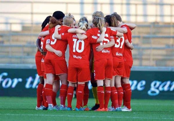 MANCHESTER, ENGLAND - Thursday, September 10, 2015: Liverpool Ladies players form a group huddle before the game before the FA Women's Super League match against Manchester City at the Academy Stadium. (Pic by David Rawcliffe/Propaganda)