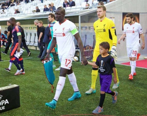 BORDEAUX, FRANCE - Thursday, September 17, 2015: Liverpool's captain Mamadou Sakho walks out to face FC Girondins de Bordeaux during the UEFA Europa League Group Stage Group B match at the Nouveau Stade de Bordeaux. (Pic by David Rawcliffe/Propaganda)