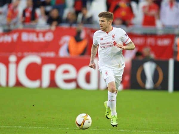 BORDEAUX, FRANCE - Thursday, September 17, 2015: Liverpool's Alberto Moreno in action against FC Girondins de Bordeaux during the UEFA Europa League Group Stage Group B match at the Nouveau Stade de Bordeaux. (Pic by David Rawcliffe/Propaganda)