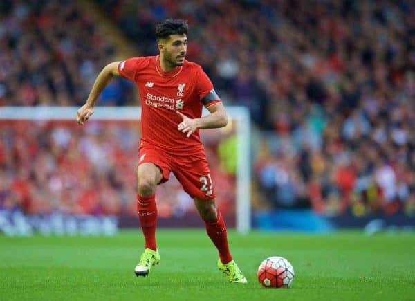 LIVERPOOL, ENGLAND - Sunday, September 20, 2015: Liverpool's Emre Can in action against Norwich City during the Premier League match at Anfield. (Pic by David Rawcliffe/Propaganda)