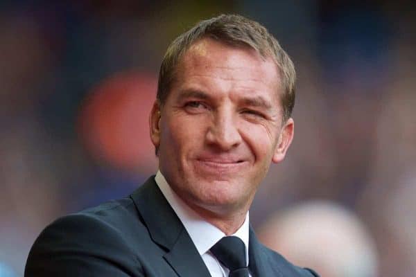 LIVERPOOL, ENGLAND - Saturday, September 26, 2015: Liverpool's manager Brendan Rodgers winks at a fan before watching his side beat Aston Villa 3-2 during the Premier League match at Anfield. (Pic by David Rawcliffe/Propaganda)