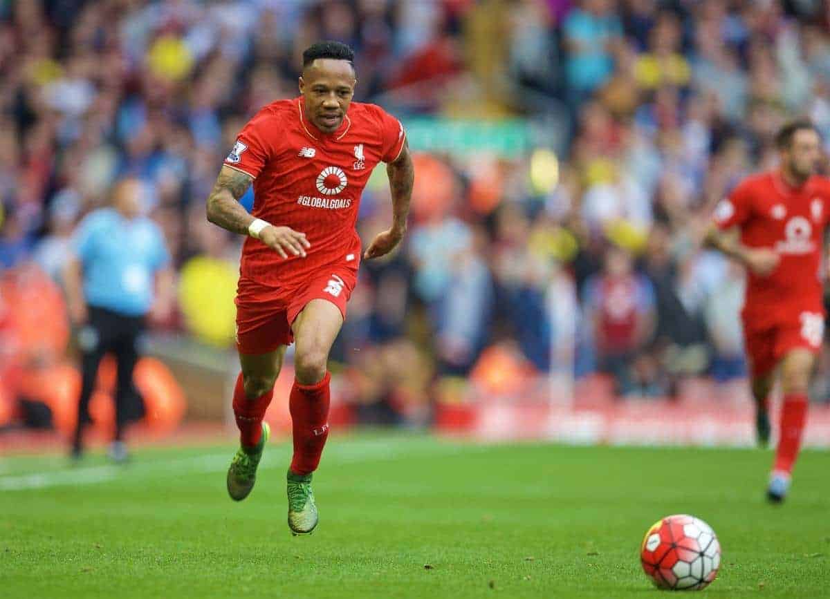 LIVERPOOL, ENGLAND - Saturday, September 26, 2015: Liverpool's Nathaniel Clyne in action against Aston Villa during the Premier League match at Anfield. (Pic by David Rawcliffe/Propaganda)