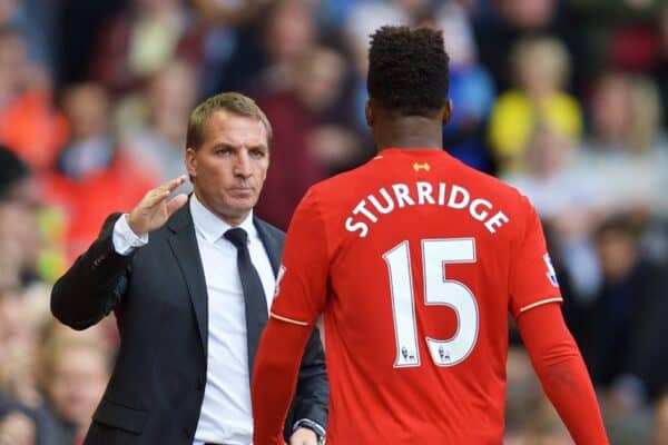 LIVERPOOL, ENGLAND - Saturday, September 26, 2015: Liverpool's manager Brendan Rodgers congratulates two-goal hero Daniel Sturridge as he substitutes the striker during the 3-2 Premier League victory over Aston Villa at Anfield. (Pic by David Rawcliffe/Propaganda)