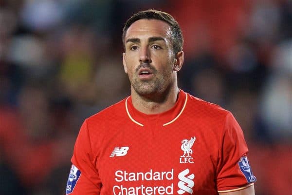 ST HELENS, ENGLAND - Monday, September 28, 2015: Liverpool's Jose Enrique in action against Leicester City during the Under 21 FA Premier League match at Langtree Park. (Pic by David Rawcliffe/Propaganda)