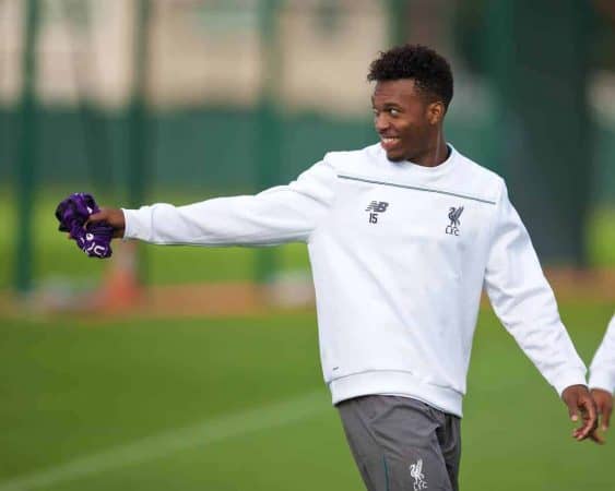 LIVERPOOL, ENGLAND - Wednesday, September 30, 2015: Liverpool's Daniel Sturridge during a training session at Melwood Training Ground ahead of the UEFA Europa League Group Stage Group B match against FC Sion. (Pic by David Rawcliffe/Propaganda)