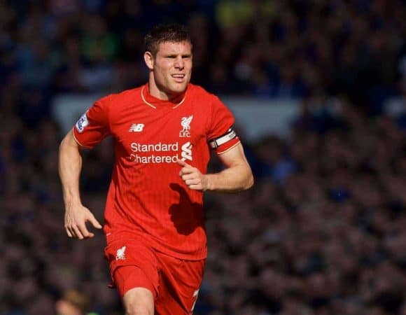 LIVERPOOL, ENGLAND - Sunday, October 4, 2015: Liverpool's James Milner in action against Everton during the Premier League match at Goodison Park, the 225th Merseyside Derby. (Pic by David Rawcliffe/Propaganda)