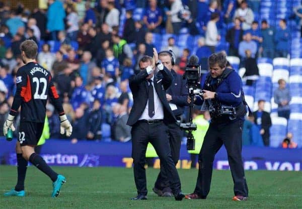 LIVERPOOL, ENGLAND - Sunday, October 4, 2015: Liverpool's manager Brendan Rodgers applauds the supporters after the 1-1 draw with Everton, which was his last game in charge of the Reds, during the Premier League match at Goodison Park, the 225th Merseyside Derby. (Pic by Lexie Lin/Propaganda)