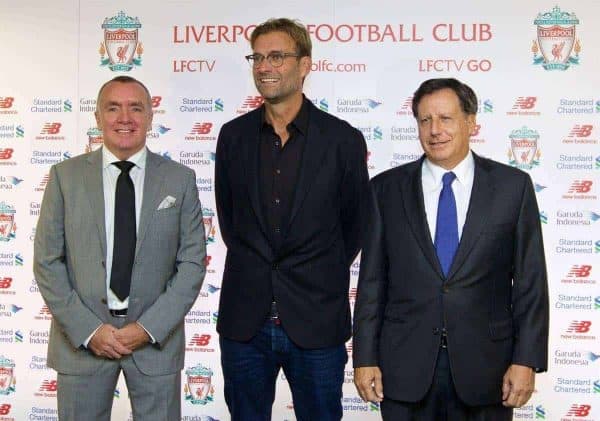 LIVERPOOL, ENGLAND - Friday, October 9, 2015: Liverpool's Managing Director Ian Ayre [L] and co-owner and NESV Chairman Tom Werner [R] announce German Jürgen Klopp as the new manager during a press conference at Anfield. (Pic by David Rawcliffe/Propaganda)