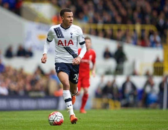 LONDON, ENGLAND - Saturday, October 17, 2015: Tottenham Hotspur's Dele Alli in action against Liverpool during the Premier League match at White Hart Lane. (Pic by David Rawcliffe/Kloppaganda)