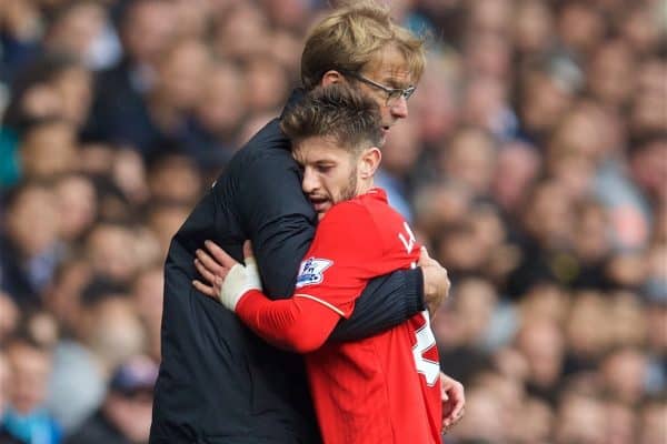 LONDON, ENGLAND - Saturday, October 17, 2015: Liverpool's Adam Lallana embraces manager Jürgen Klopp as he is substituted against Tottenham Hotspur during the Premier League match at White Hart Lane. (Pic by David Rawcliffe/Kloppaganda)