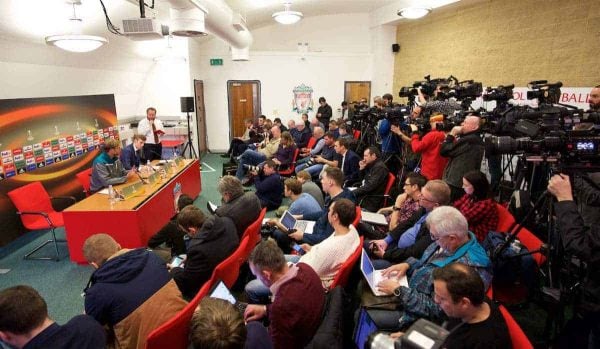 LIVERPOOL, ENGLAND - Wednesday, October 21, 2015: The media attend a press conference with Liverpool's manager Jürgen Klopp at Melwood Training Ground ahead of the UEFA Europa League Group Stage Group B match against FC Rubin Kazan. (Pic by David Rawcliffe/Propaganda)