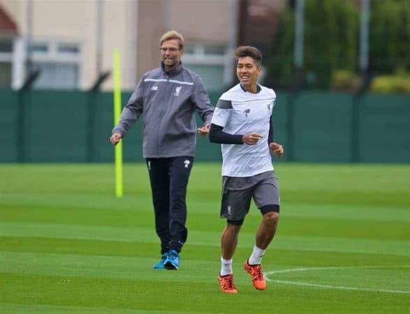 LIVERPOOL, ENGLAND - Wednesday, October 21, 2015: Liverpool's new manager Jürgen Klopp and Roberto Firmino during a training session at Melwood Training Ground ahead of the UEFA Europa League Group Stage Group B match against FC Rubin Kazan. (Pic by David Rawcliffe/Propaganda)