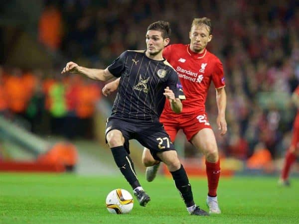 LIVERPOOL, ENGLAND - Thursday, October 22, 2015: Liverpool's Lucas Leiva in action against Rubin Kazan's Majored Ozdoev during the UEFA Europa League Group Stage Group B match at Anfield. (Pic by David Rawcliffe/Propaganda)