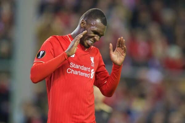 LIVERPOOL, ENGLAND - Thursday, October 22, 2015: Liverpool's Christian Benteke looks dejected after missing a chance against Rubin Kazan during the UEFA Europa League Group Stage Group B match at Anfield. (Pic by David Rawcliffe/Propaganda)