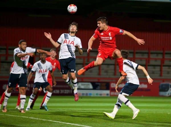 STEVENAGE, ENGLAND - Friday, October 23, 2015: Liverpool's Tom Brewitt in action against Tottenham Hotspur during the Under 21 FA Premier League match at the Lamex Stadium. (Pic by David Rawcliffe/Propaganda)
