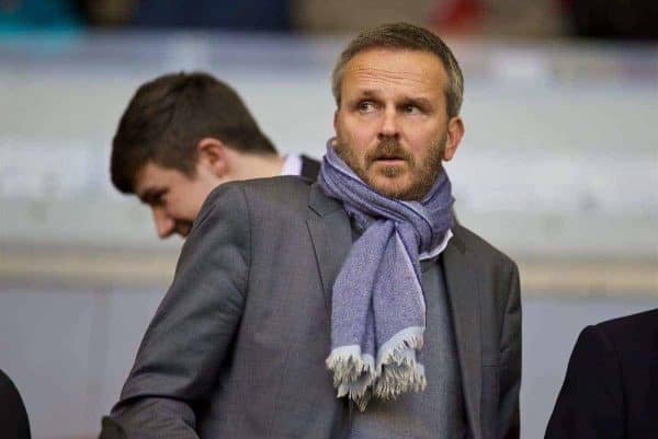 LIVERPOOL, ENGLAND - Sunday, October 25, 2015: Liverpool formal player Dietmar Hamann in the director's box before the Premier League match against Southampton at Anfield. (Pic by David Rawcliffe/Propaganda)