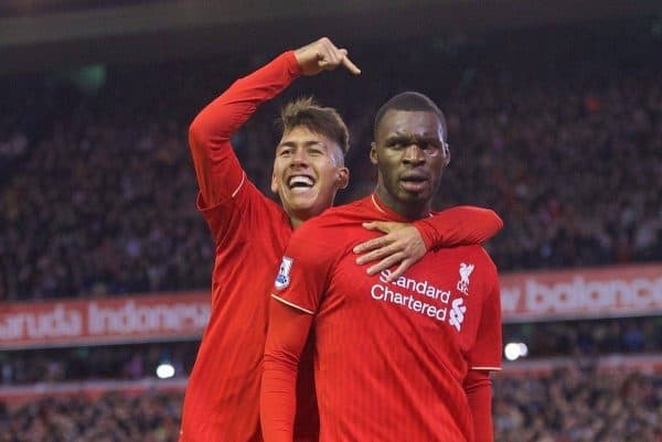 LIVERPOOL, ENGLAND - Sunday, October 25, 2015: Liverpool's Christian Benteke celebrates scoring the first goal against Southampton with team-mate Roberto Firmino during the Premier League match at Anfield. (Pic by David Rawcliffe/Propaganda)